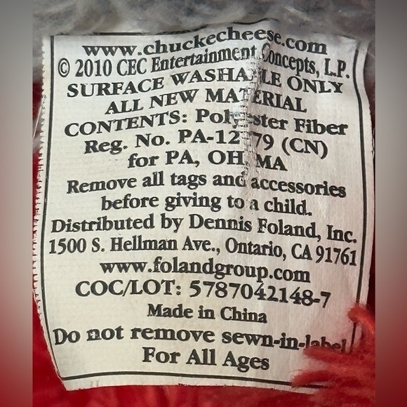 Chuck E. Cheese’s 20” Stuffed Mouse Purple Hat Shirt Red Shorts 2010 RARE Plush - Picture 13 of 13
